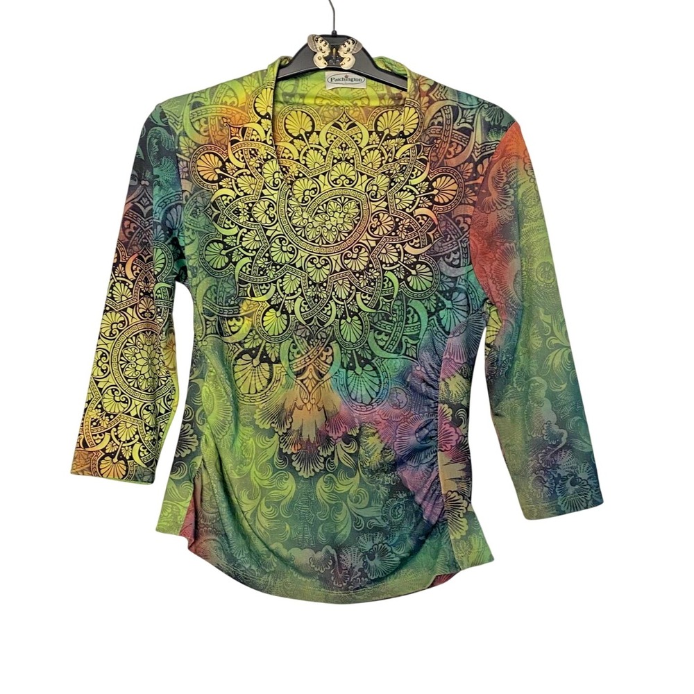 Patchington Top Womens S/M Colorful Mandala Print V Neck Travel Knit‎ Resortwear